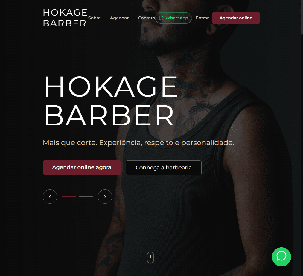 Depois: página inicial da plataforma própria Hokage Barber, com hero escuro, marca em destaque e chamadas para agendar e WhatsApp.